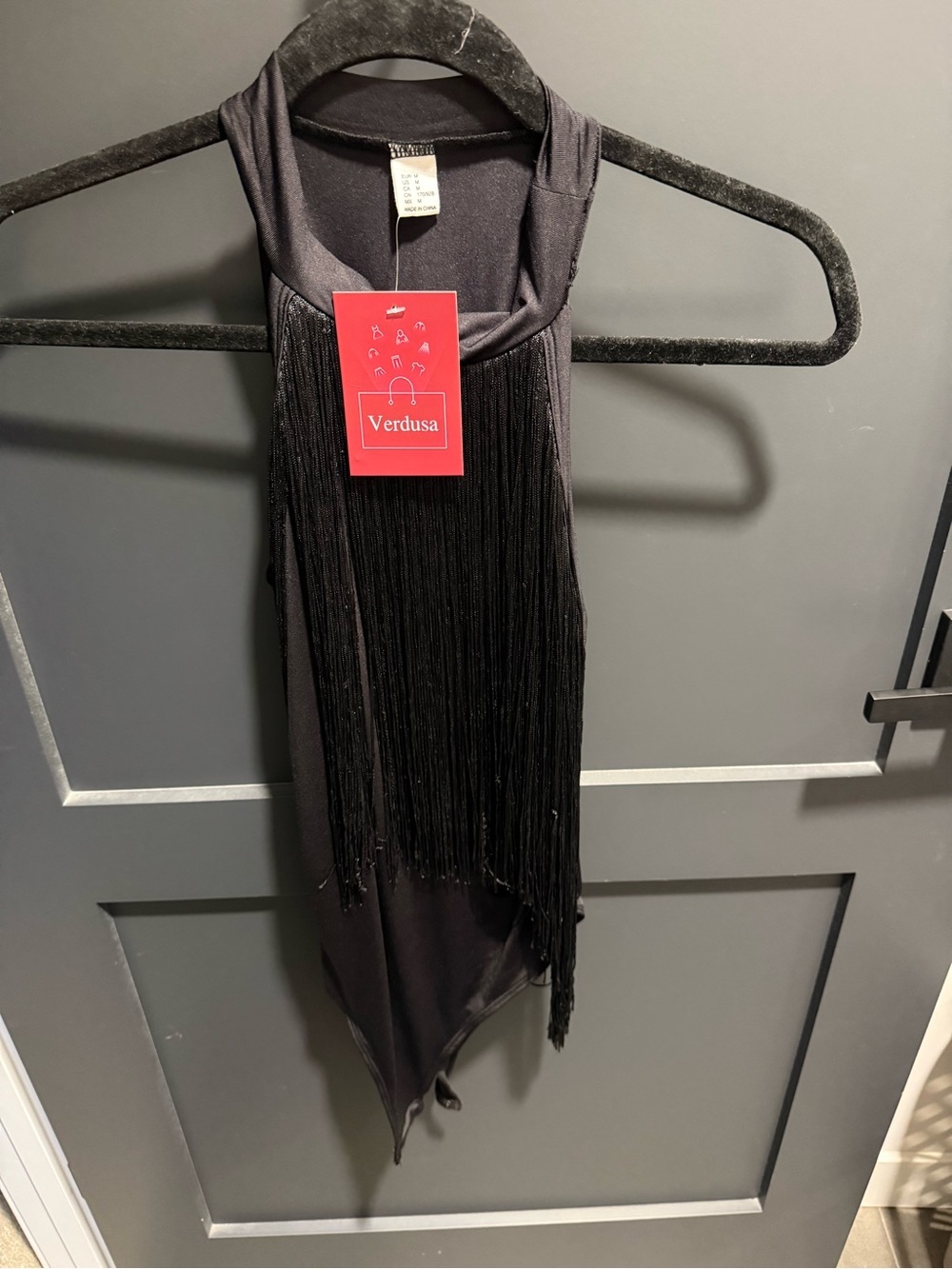 Verdusa Black Fringe Halter Bodysuit